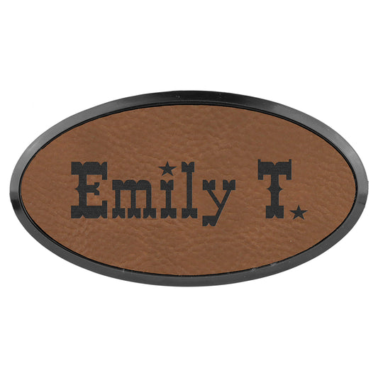 3" x 1 1/2" Dark Brown Leatherette Oval Badge with Frame