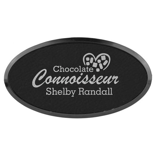 3" x 1 1/2" Black/Silver Leatherette Oval Badge with Frame