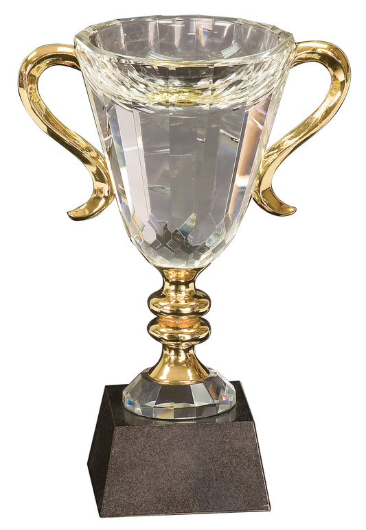 8 1/2" Crystal Cup with Gold Metal Handles on Solid Marble Base