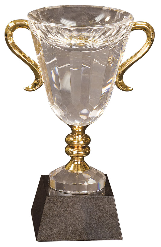 10" Crystal Cup with Gold Metal Handles on Solid Marble Base