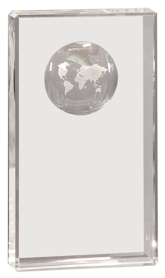 8" Clear Crystal Rectangle with Etched Globe