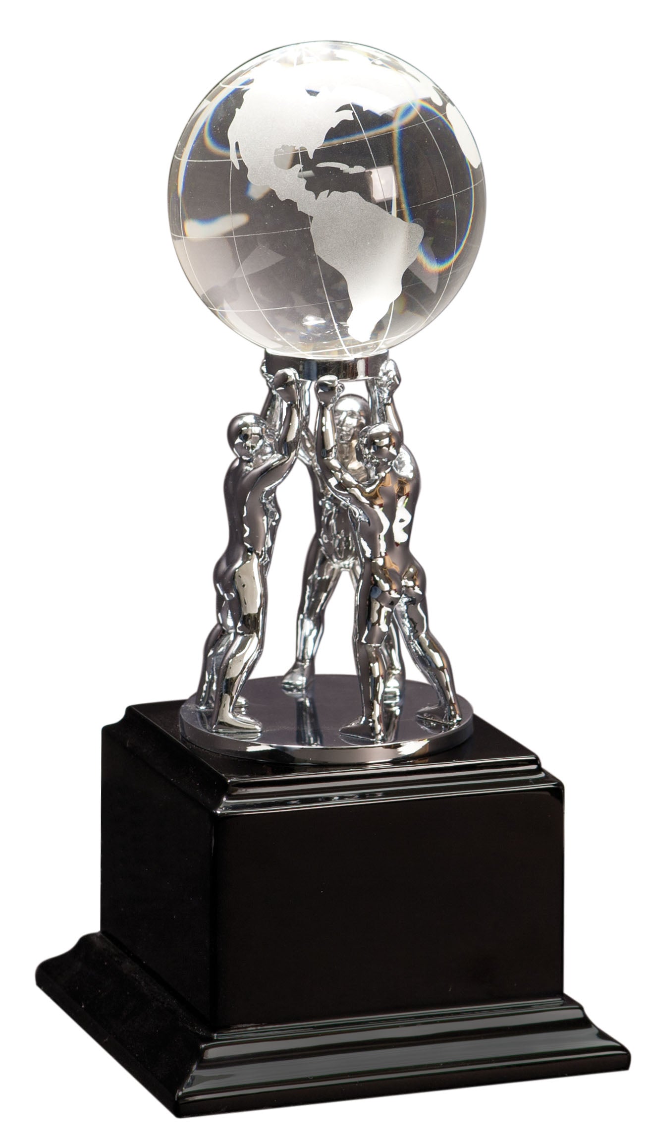 Crystal Globe on Silver Metal Teamwork Stand/Black Base