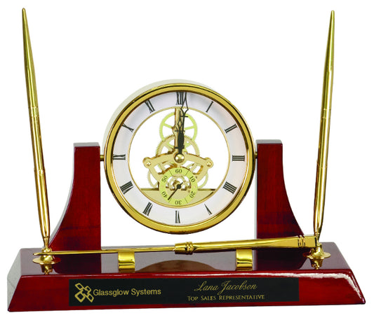 Executive Piano Finish Clock Desk Set with 2 Pens & Letter Opener Gold/Rosewood