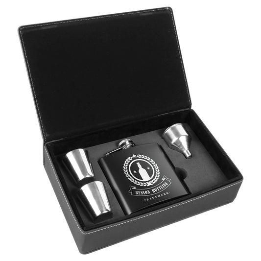 Black Stainless Steel Flask Set in Black/Silver Leatherette Box