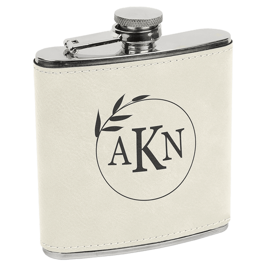 6 oz. White/Black Laserable Leatherette Stainless Steel Flask