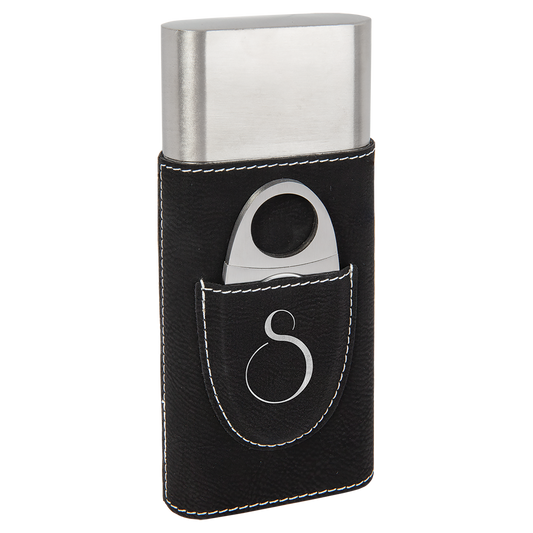 Black/Silver Leatherette Cigar Case with Cutter