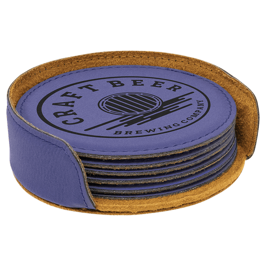 4" Purple Round Laserable Leatherette 6-Coaster Set