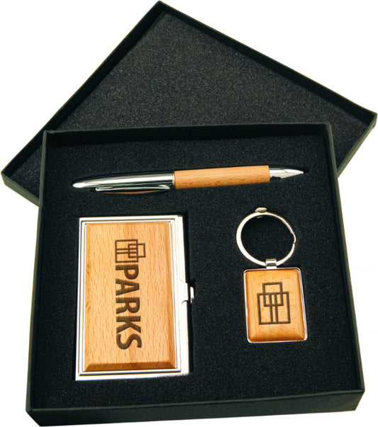 Metal/Wood Gift Set with Business Card Case, Pen, and Keychain