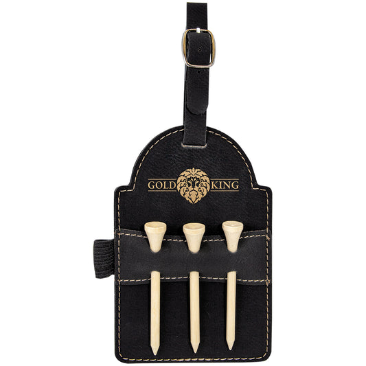 Black/Gold Leatherette Golf Bag Tag with Wooden Tees