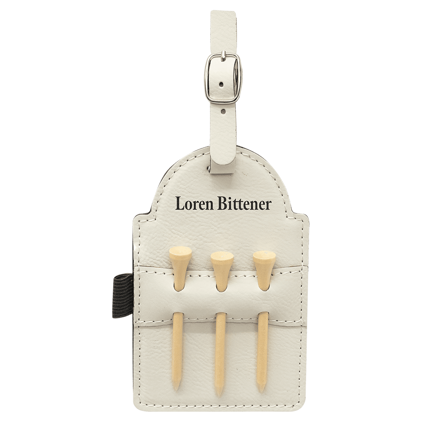5" x 3 1/4" White Laserable Leatherette Golf Bag Tag with 3 Wooden Tees
