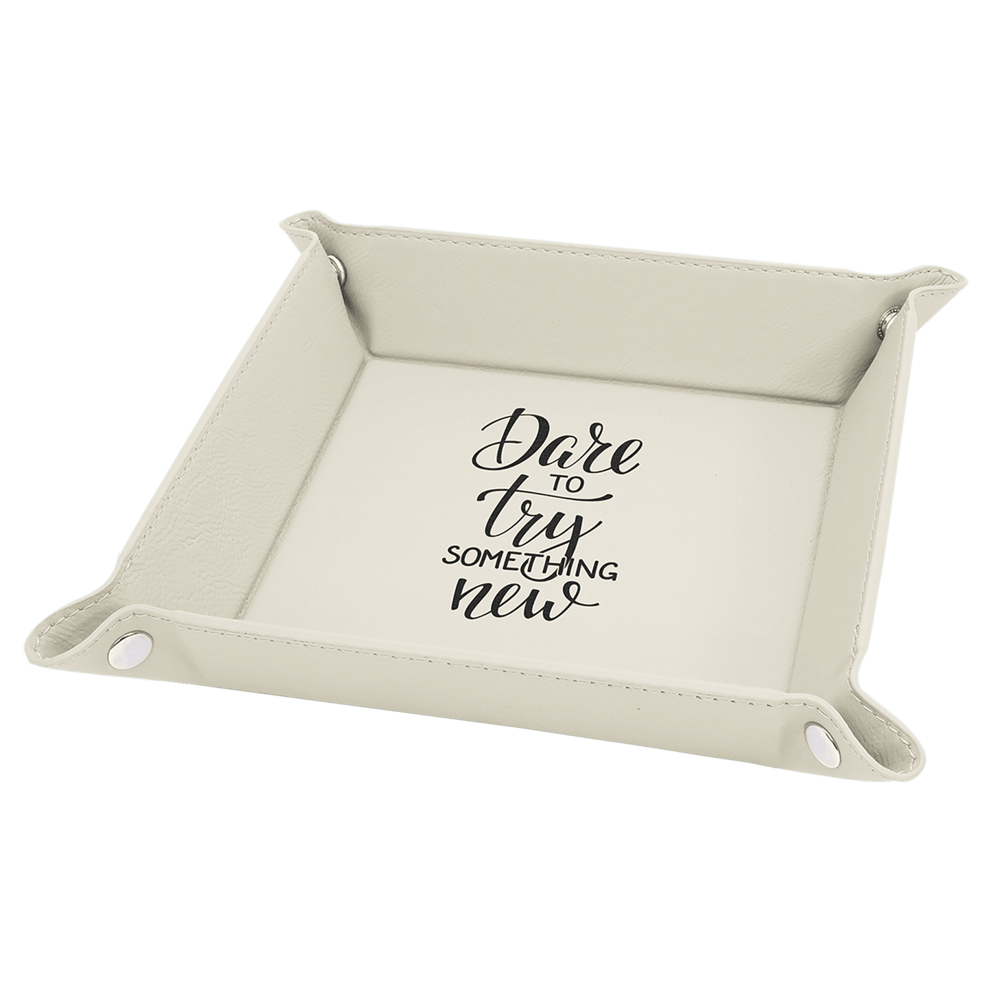 6" x 6" White Laserable Leatherette Snap Up Tray with Silver Snaps