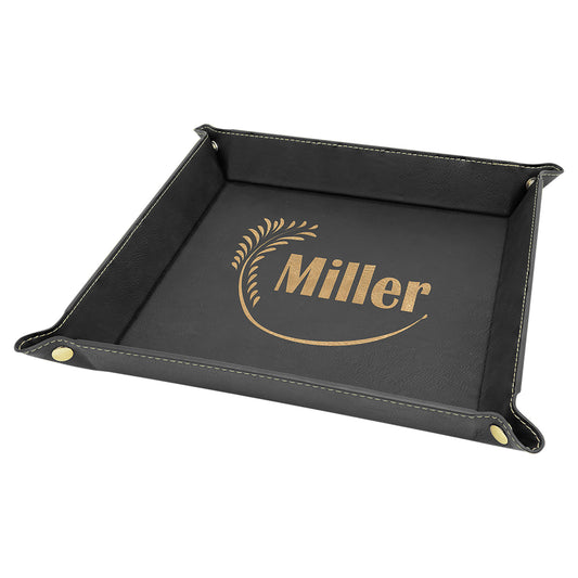 9" x 9" Black/Gold Laserable Leatherette Snap Up Tray with Gold Snaps