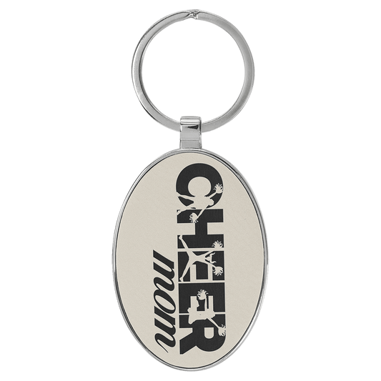 3" x 1 3/4" Laserable Leatherette/Metal White/Black Oval Keychain