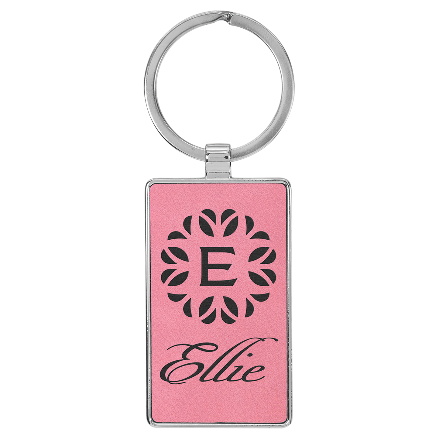 Pink Lasered Leatherette/Metal Rectangle Keychain