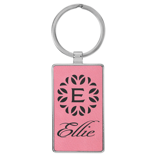 Pink Lasered Leatherette/Metal Rectangle Keychain