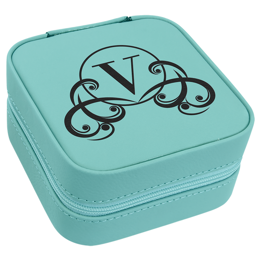 Teal Lasered Leatherette Travel Jewelry Box