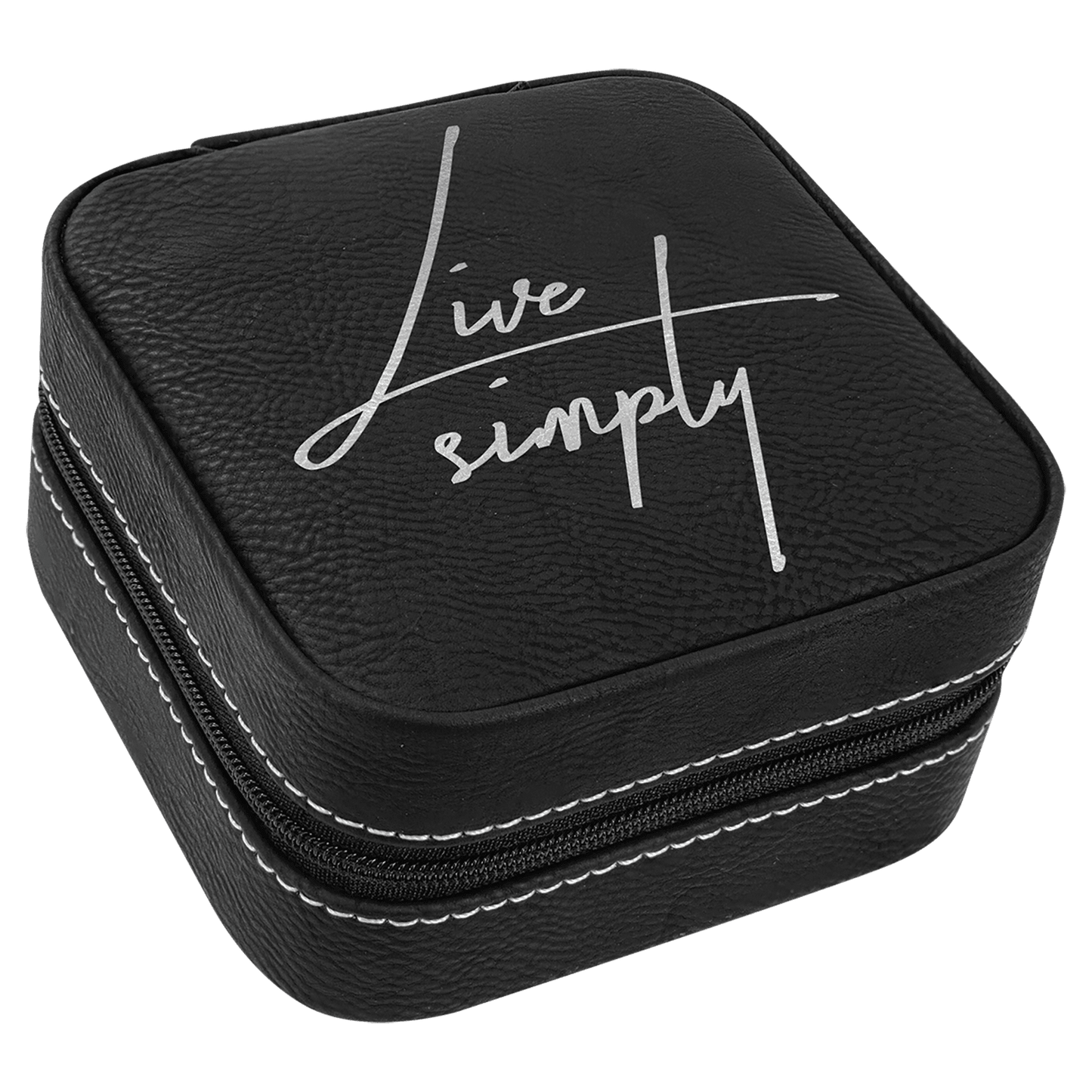 4" X 4" Black/Silver Laserable Leatherette Travel Jewelry Box with Black Lining