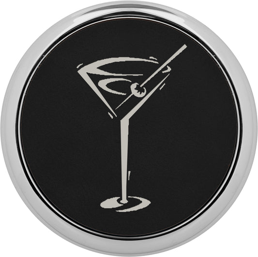 Black/Silver Round Leatherette Coaster with Silver Edge