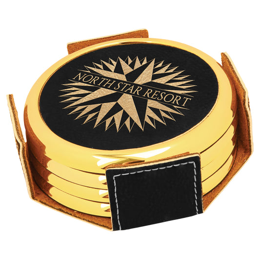 Black/Gold Leatherette with Gold Edge Round 4-Coaster Set