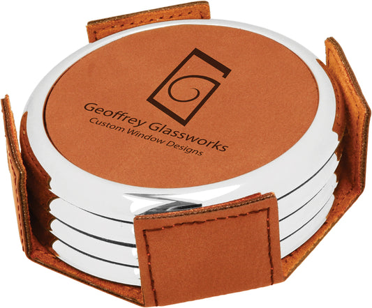 Rawhide Leatherette with Silver Edge Round 4-Coaster Set