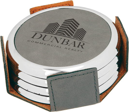 Gray Leatherette with Silver Edge Round 4-Coaster Set