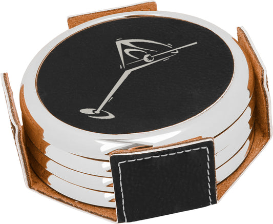 Black/Silver Leatherette with Silver Edge Round 4-Coaster Set