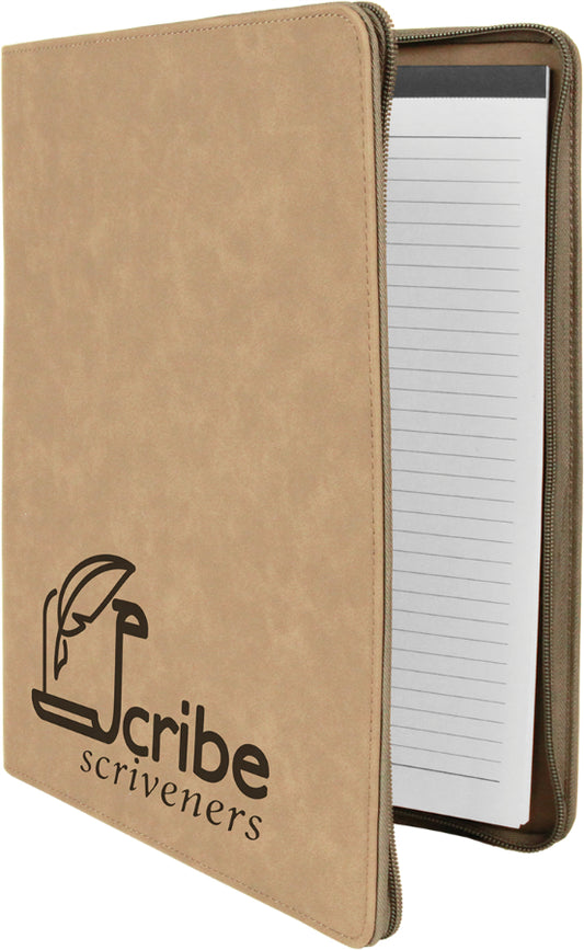 Light Brown Leatherette Portfolio with Zipper & Notepad