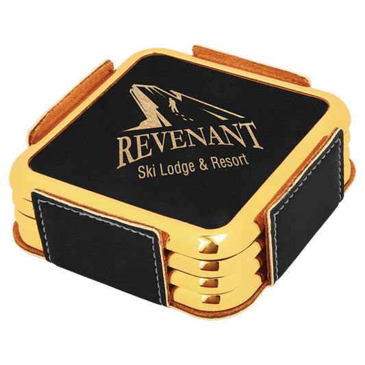 Black/Gold Leatherette with Gold Edge Square 4-Coaster Set