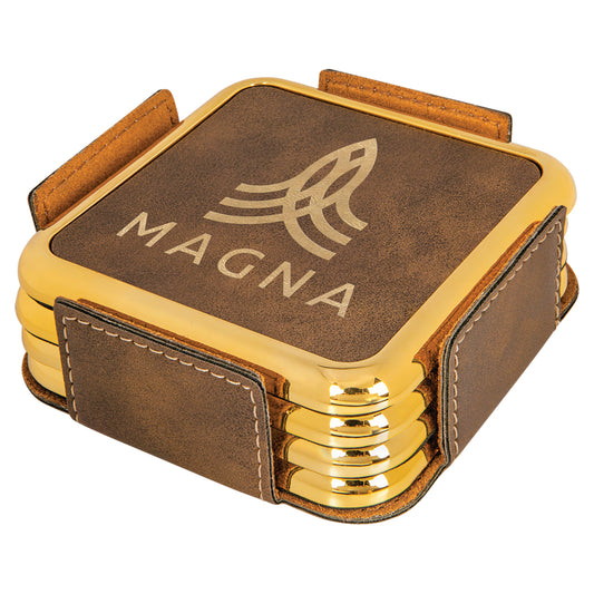 Rustic/Gold Leatherette with Gold Edge Square 4-Coaster Set