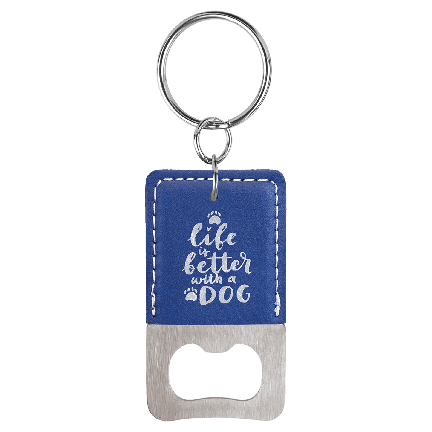 Rectangle Blue/Silver Laserable Leatherette Bottle Opener Keychain