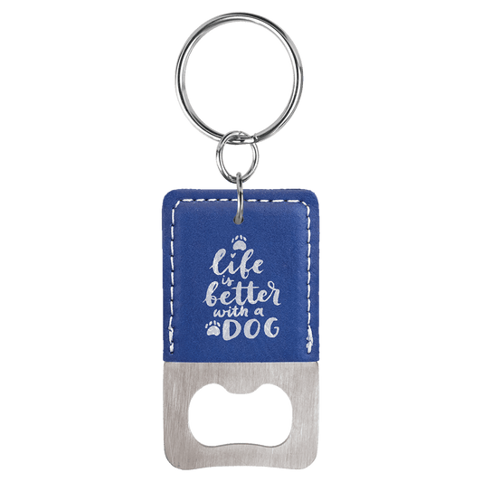 Rectangle Blue/Silver Laserable Leatherette Bottle Opener Keychain
