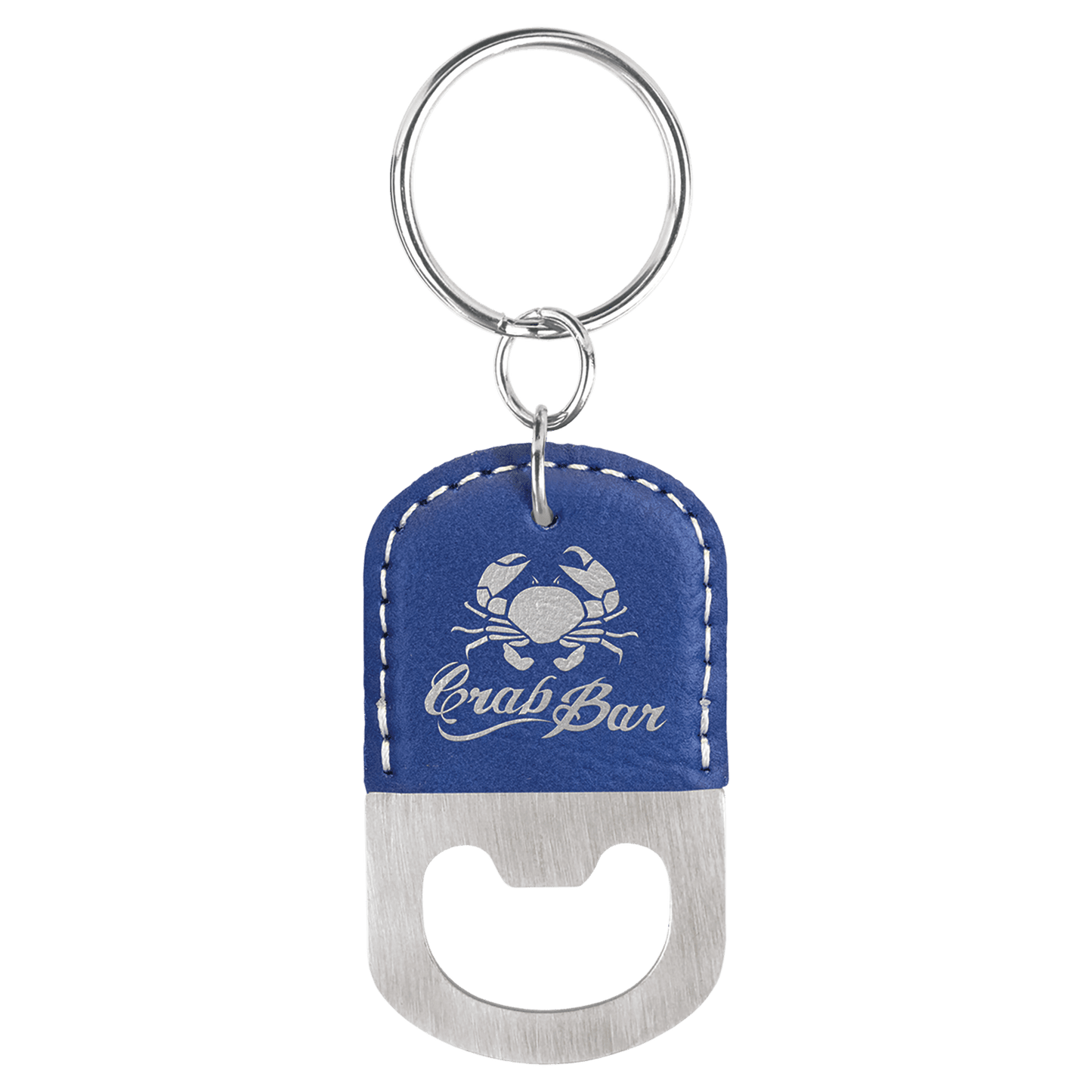 Blue/Silver Laserable Leatherette Oval Bottle Opener Keychain
