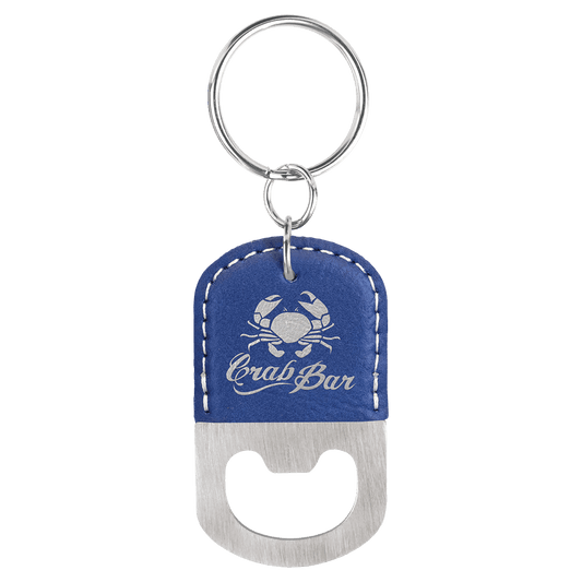Blue/Silver Laserable Leatherette Oval Bottle Opener Keychain
