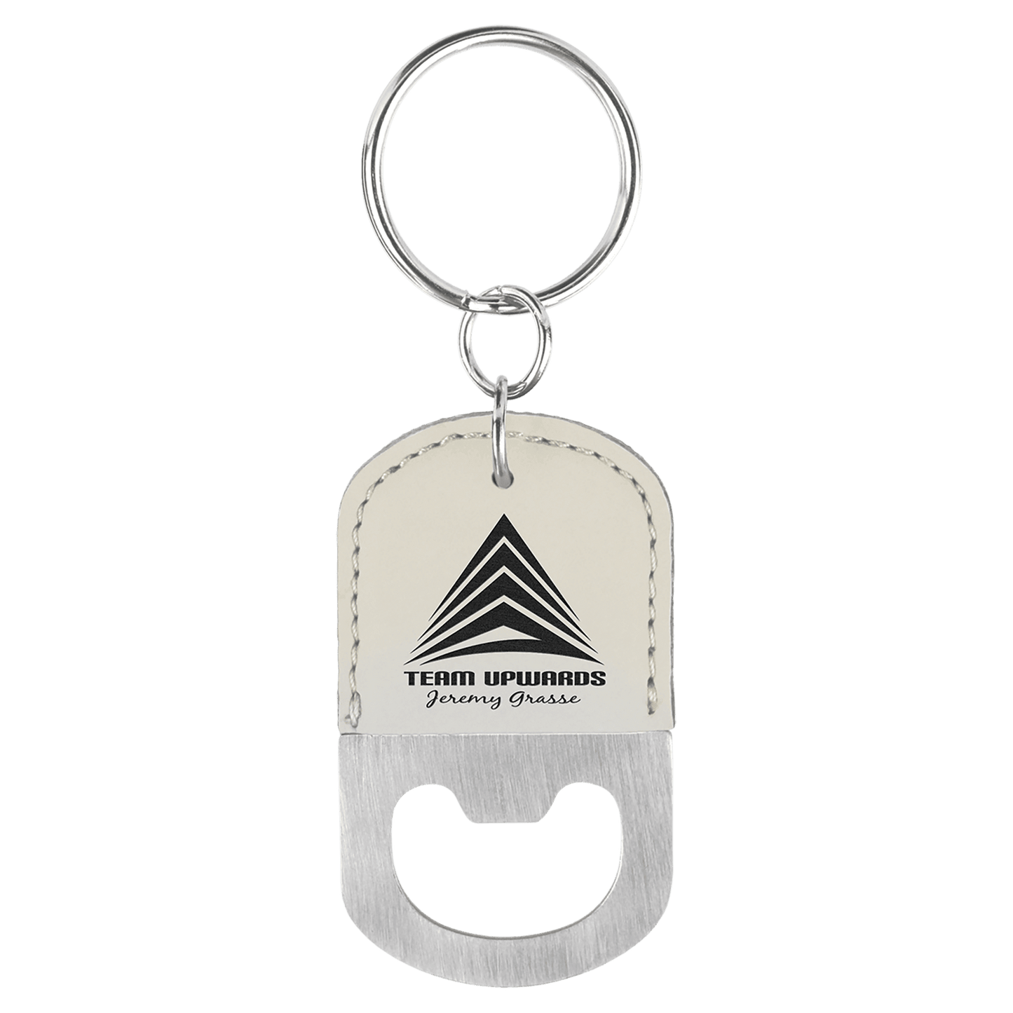 White Laserable Leatherette Oval Bottle Opener Keychain