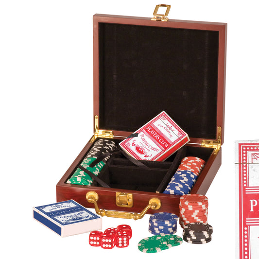 Rosewood Finish Poker Gift Set with 100 Chips, 2 Decks of Cards & 5 Dice