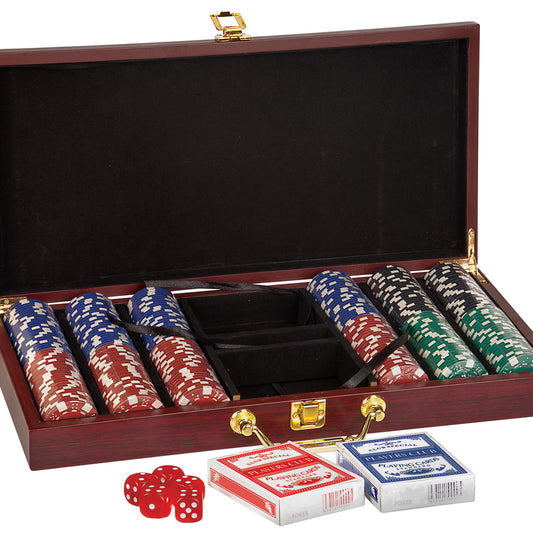 Rosewood Finish Poker Gift Set with 300 Chips, 2 Decks of Cards & 5 Dice