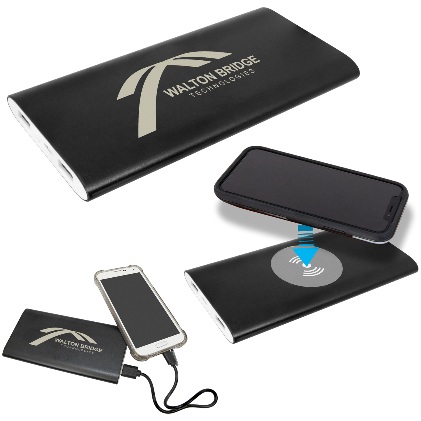 Black Power Bank and Anodized Aluminum Wireless Charger with Power Cord