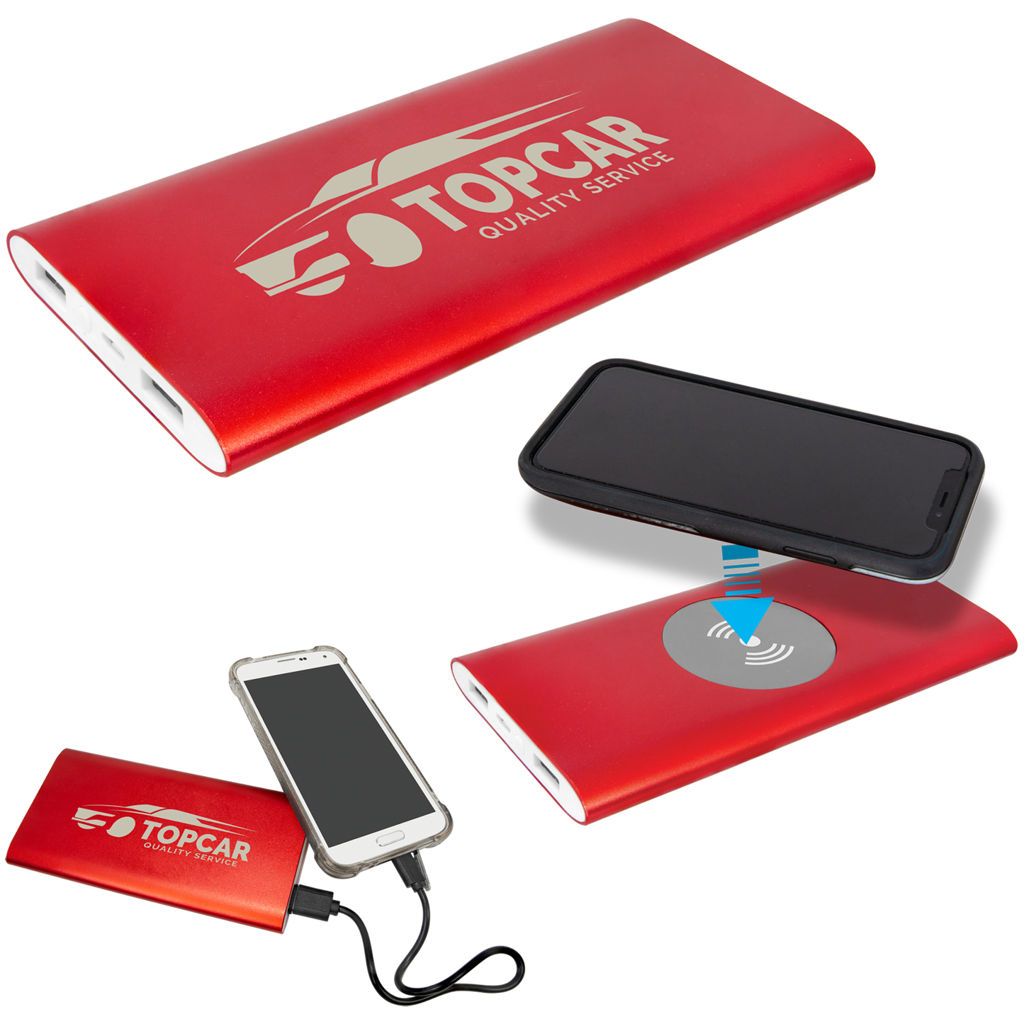 Red Power Bank and Anodized Aluminum Wireless Charger with Power Cord