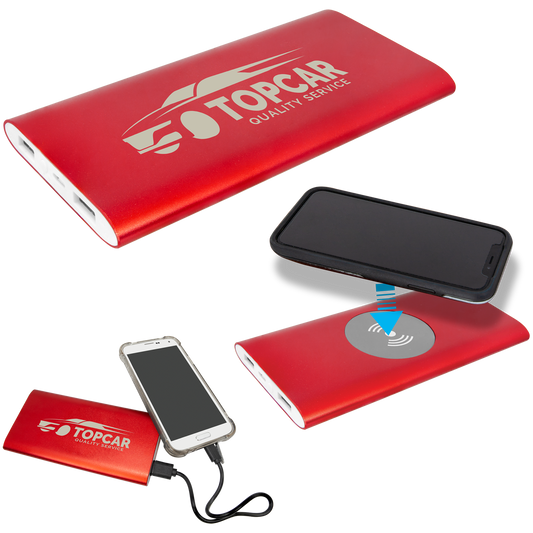 Red Power Bank and Anodized Aluminum Wireless Charger with Power Cord