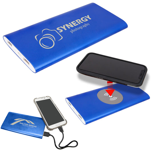 Blue Power Bank and Anodized Aluminum Wireless Charger with Power Cord