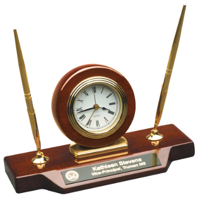 Rosewood Piano Finish Desk Clock on Base with 2 Pens